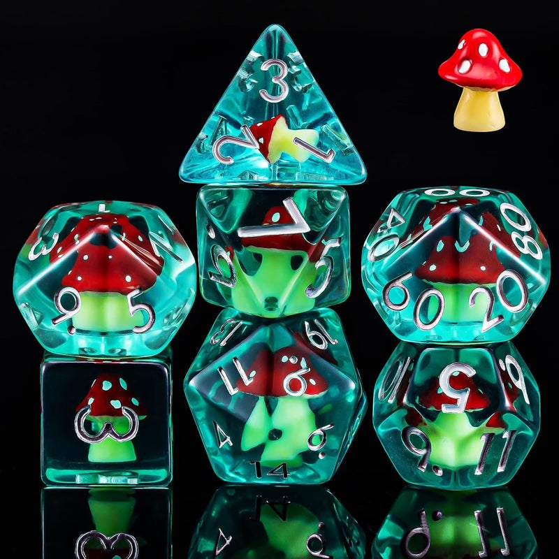 weyano DND Resin Mushroom Dice Set, D&D Polyhedral Dice for Dungeons and Dragons RPG, MTG Role Playing Games D and D Dice 7pc D20 D12 D10 D8 D6 D4 for Ages 15 and Up - Image 1